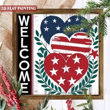 USA Flag Patriotic Welcome Wooden Plaque 4th Of July Heart Stars Rustic Decor