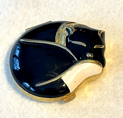 Vintage New Estée Lauder Black Enamel & Gold Cat Lucidity Powder Compact & Puff