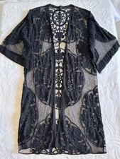 Unbranded Women  s Black Floral Sheer Lace Tie Front Kimono Duster Sz M Preowned