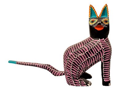 Oaxaca Mexican Folk Art Hand Carved Wooden Black  Cat figurine By Juan Fabian