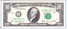 1990 $10 Federal Reserve Note UNCIRCULATED 0/1 True Binary #L10011011A