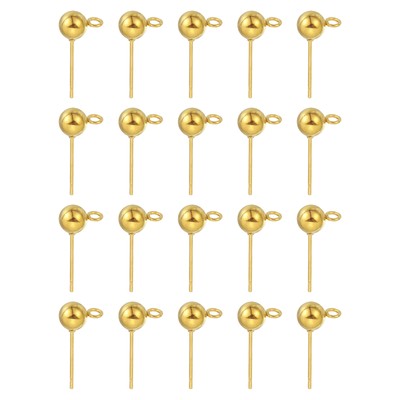 20Pcs Ball Post Stud Earrings, 17x5mm Round Ear Pin with Horizontal Loop, Gold
