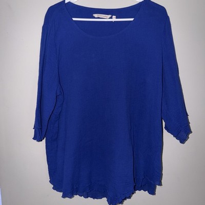 Soft Surroundings Large Siesta Key Royal Blue Cotton Gauze 3/4 Sleeve Tunic Top