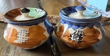 Set Of 2 Vintage Hand Painted Studio Art Pottery Floral Jar with Lid