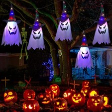 Halloween Decorations Outdoor,Hanging Ghosts String Lights,Glowing Purple