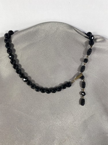 French Jet Black Faceted Glass Bead Necklace Choker Adjustable Hook Clasp VTG - Picture 2 of 8