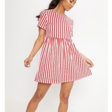 PrettyLittleThing Red Stripe Print Short Sleeve Smock Dress Womens Size 10 New