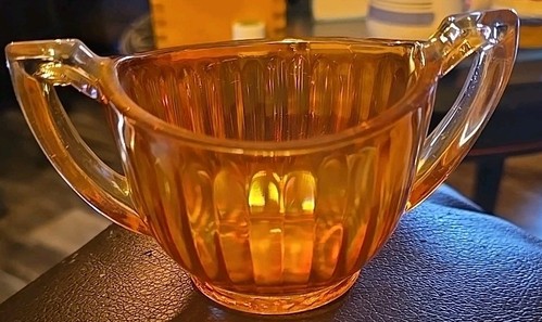 30er Jahre Kaiserglas Ringelblume Karneval Glas Zuckerdose Tasse mit zwei Henkeln - Bild 1 von 5