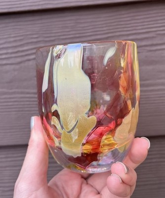 Goodies Glassybaby - Red Yellow Iridescent Votive Holder - Bubbles Wavy Rim