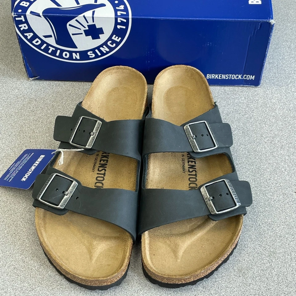 NUEVAS Sandalias Birkenstock Arizona de Cuero Engrasado para Mujer Talla 11US/42 Negro Corcho Foto 2 de 4