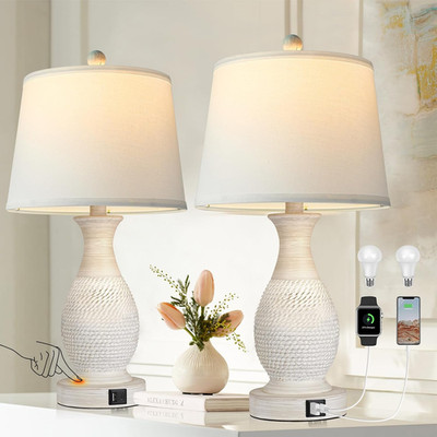 Table Lamps Set of 2, Bedside Touch Lamp with USB C+A Charging Ports, Side Table