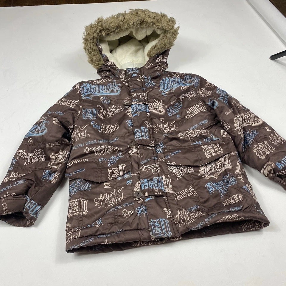 Ecko Unltd Niños Puffer Marrón Y2K Esquí Cremallera Estampado Completo Capucha de Piel Talla 3T Usado Foto 4 de 4