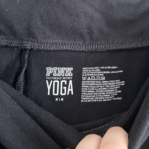 Pink Yoga Leggings Size M Y2K Fold Over Waist Black Full Length Stretch Knit - Picture 7 of 7
