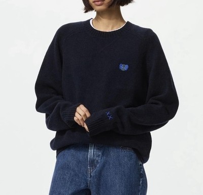 Kaws x Uniqlo 100 % Lammwolle Strickpullover Unisex Small Navy brandneu mit Etikett