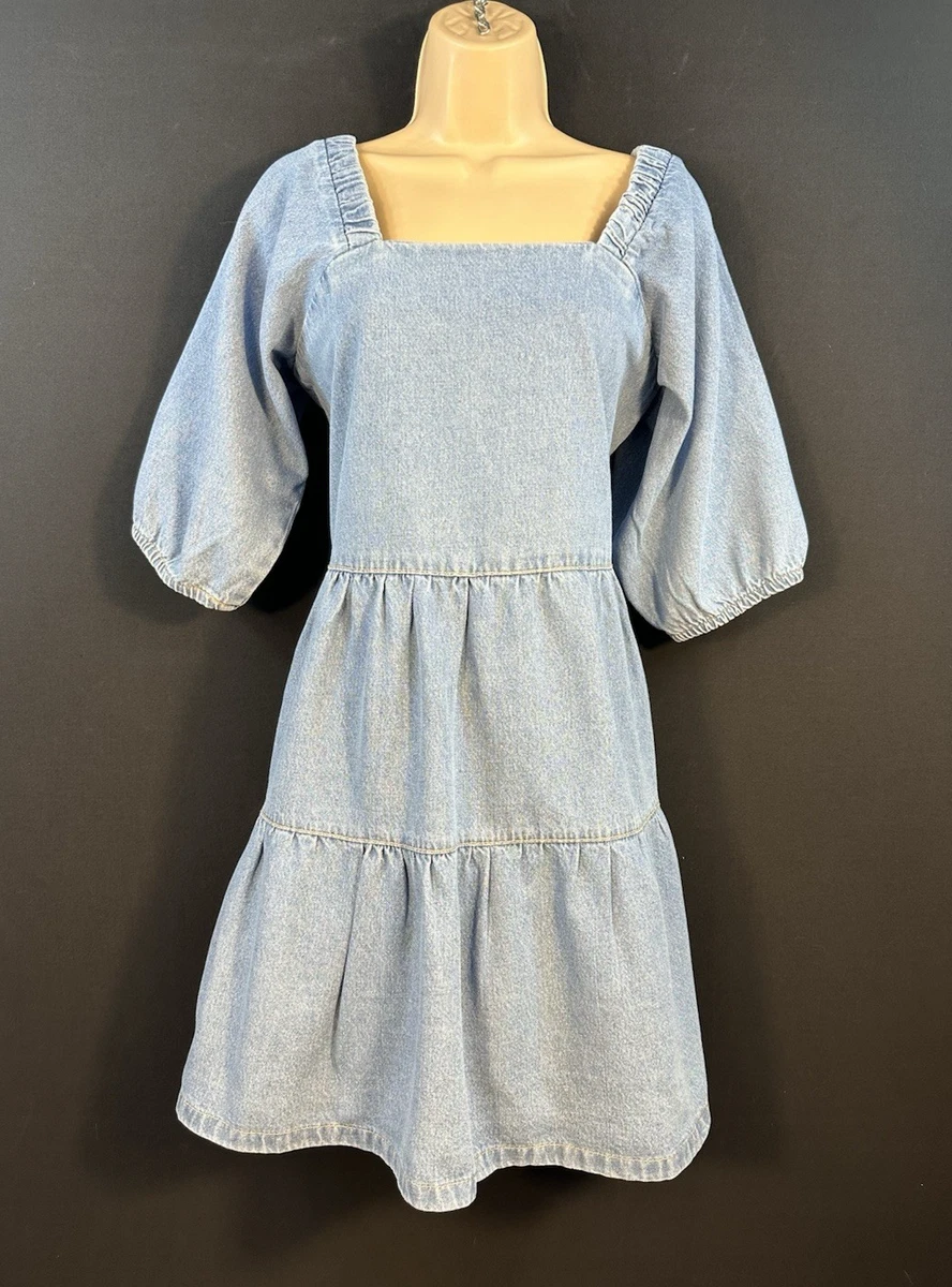 primark denim shirt dress Womens Indigo Cotton Puff Sleeve Mini Primark's drop-waist denim midi dress