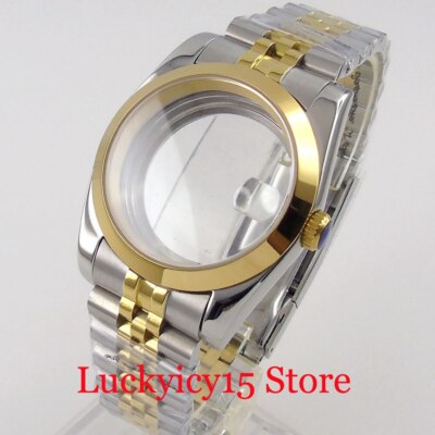 Watch Case fit NH35A 36mm/39mm Two Tone Gold Polish Bezel 2836 MIYOTA 82 Series
