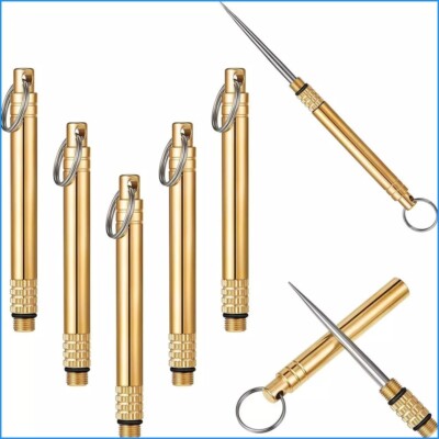5PC Portable Titanium Pocket Toothpick Keychain Brass Holder Camping Travel Gold