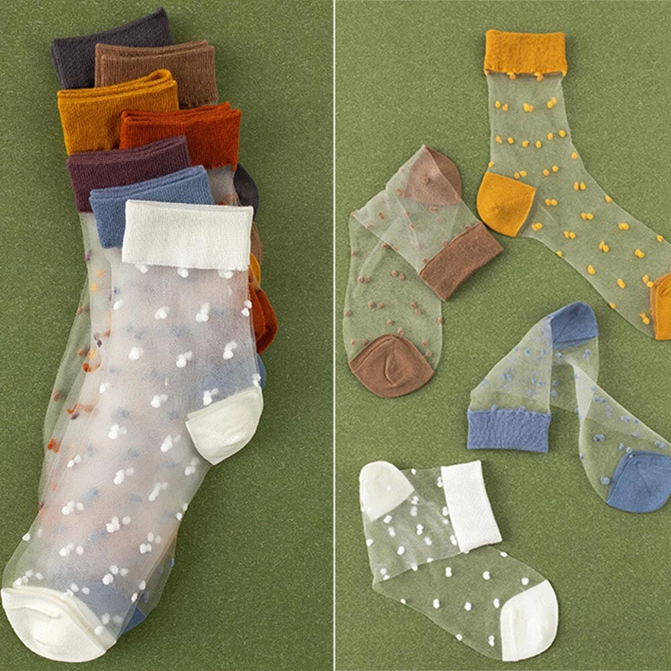 Women's Silk Mesh Lace Sheer Polka Dot Socks Silky Glitter Short Ankle Stocking✲ - Image 3 of 4