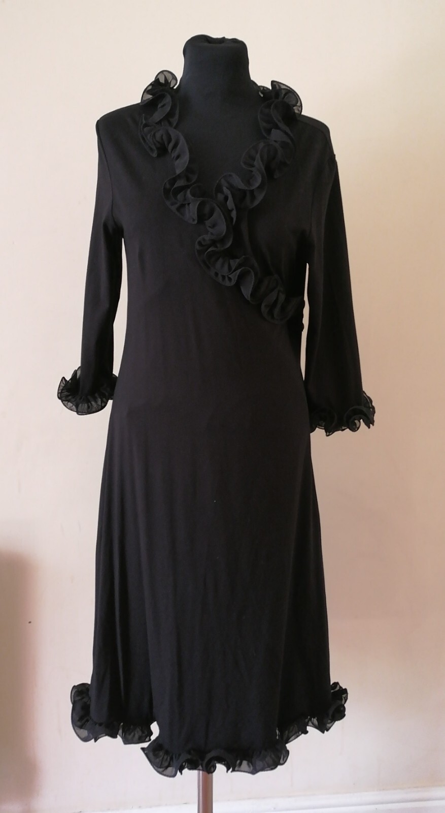Pompoos Black Cocktail Dress With Ruffle Neck, Cuffs & Hem Size 10-image