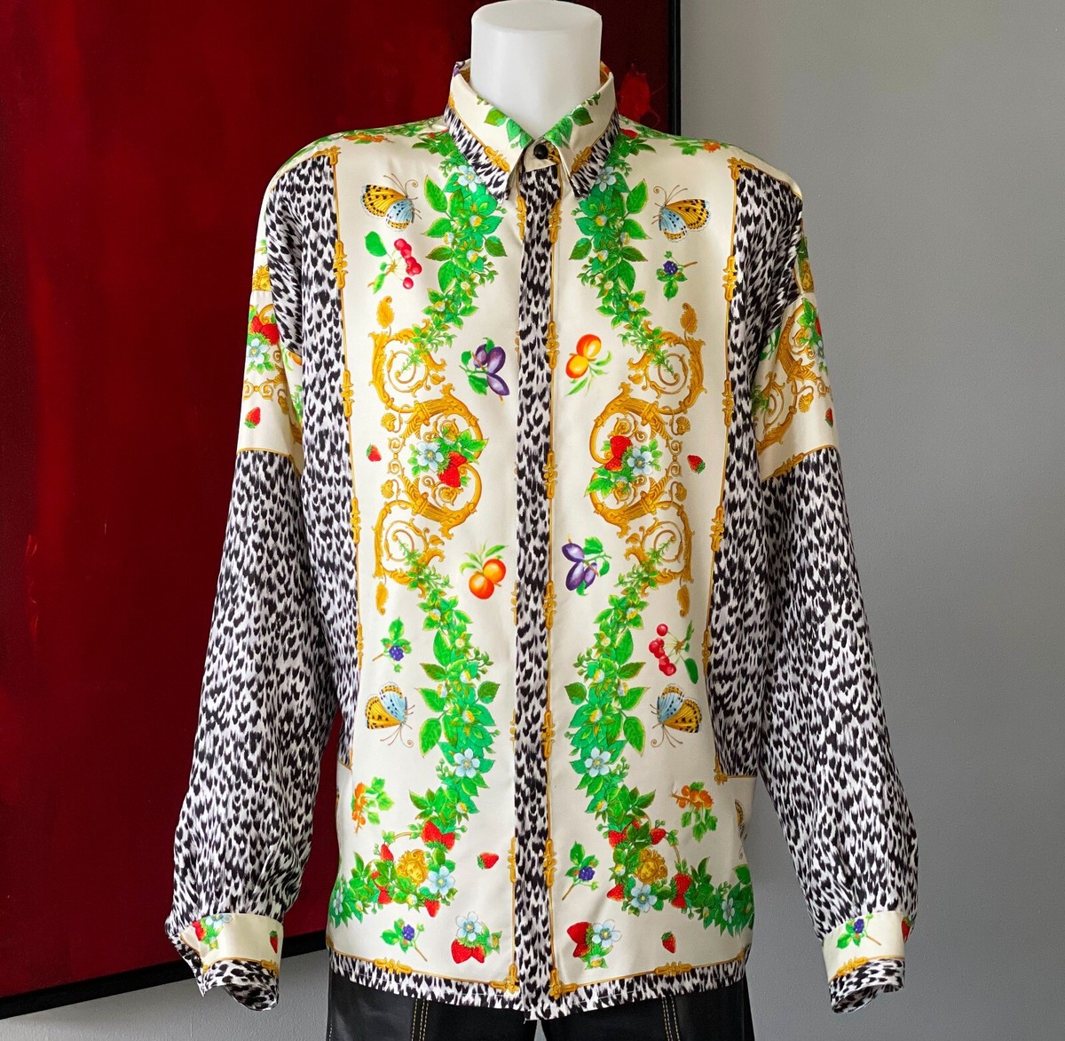 GIANNI VERSACE silk shirt Baroque, Animal & Fruit print size 52