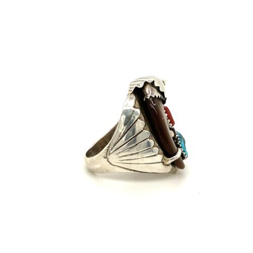Vintage Schild Sterling ES Navajo Bär Türkis Koralle Stein Kuppelring 10 1/2 - Bild 2 von 7