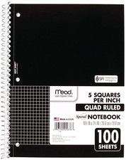 Spiral Notebook, 1-Subject, Graph Ruled Paper, 7-1/2" X 10-1/2", 100 Sheets, Bla