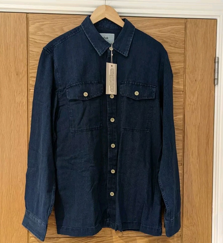 New Folk Mens Hold 2 Pocket Blue Denim Indigo Overshirt Shirt Size 4 L