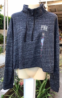 L VICTORIA SECRET VS PINK Gray Quarter Snap Cropped Varsity Crew Pullover NEW