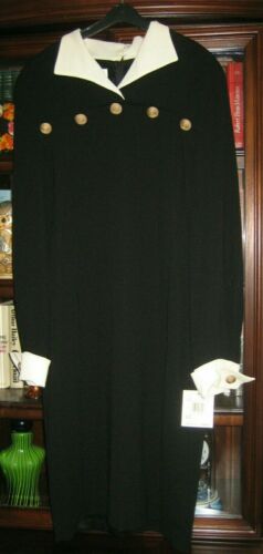 $298 VINTAGE MIDI DRESS IN BLACK WHITE COLLAR AND FRENCH CUFFS WOVEN BUTTONS 10