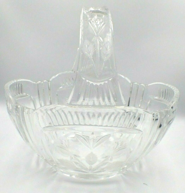 Vintage Lead Crystal Cut Glass Basket with Handle Etched Floral Oval eBay