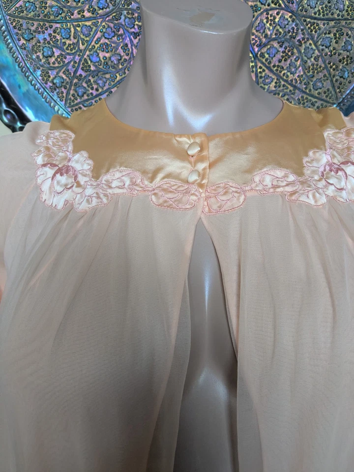 Vtg 1960s GOSSARD ARTEMIS Peach Nylon Chiffon Peignoir Long Nightgown Robe Sz M - Image 2 of 4