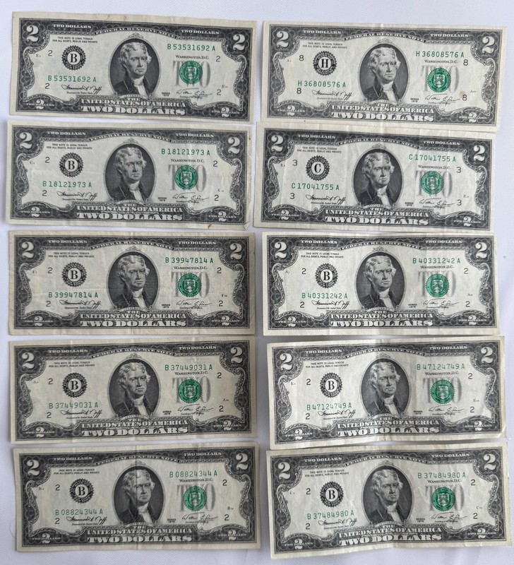 1976 $2 Lot Of 10 Circulated Notes Two Dollar Paper Money Currency All TEN Pcs