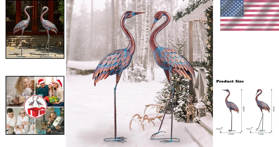 Elegantes estatuas de grúa garza pátina - arte de jardín exterior de metal hecho a mano, juego de 2 Foto 2 de 4