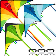 3 Packs Large Delta Kite Green, Blue and Rainbow, Easy to Fly for Kids with 262.