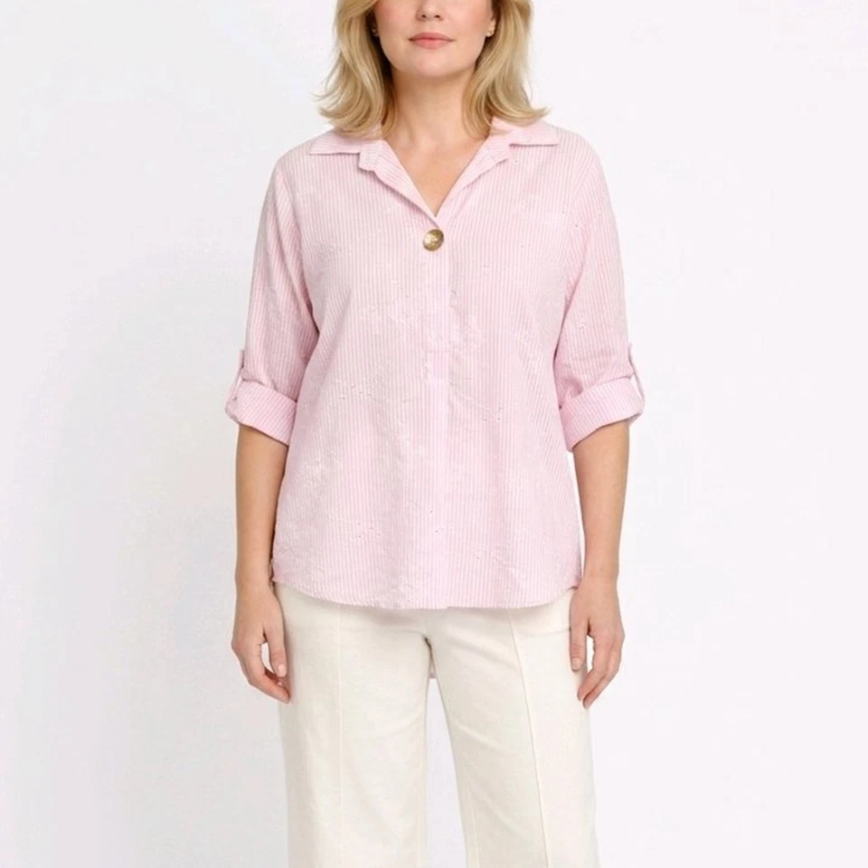 Damen Hemdbluse Gestreift Italy Baumwolle Turn-Up Tunika Größe 38 40 42 Rosa - Bild 1 von 4