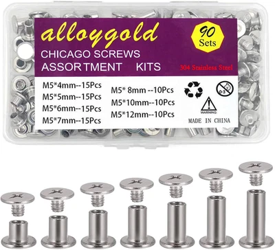 ALLOYGOLD 90 Sets 304 Stainless Steel Chicago Screws Leather Assorted Kit, 7 Sizes