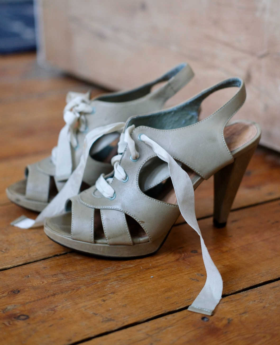 APL Topshop Vintage Cachi Verde Pelle Gabbia Sandalo Tacchi Allacciatura Nastro Misura 5 Punti