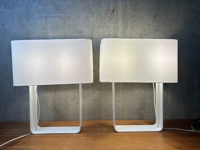 Pair Room & Board Modern Table Lamps White U-Shaped Metal Base Rectangular Shade