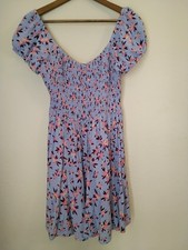 Angie Puff Sleeve Mini Dress Womens Small Blue Maroon Floral Cottagecore Boho