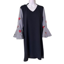 ABG 3/4 Navy Blue embroidered Boho Tunic bell sleeve jersey knit dress NWOT Sz L