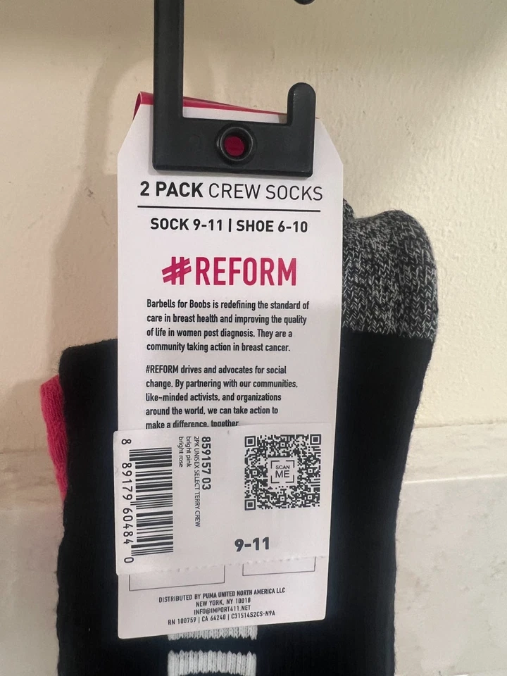 NUEVO 2 PARES PUMA BARRA PARA TETAS MUJER CALCETINES CREW ROSA/NEGRO 9-11 Foto 4 de 4
