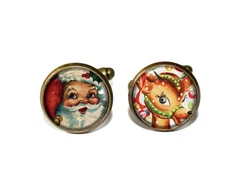 Vintage Christmas Mismatched Holiday Fun Handmade Round Glass Tile Cufflinks