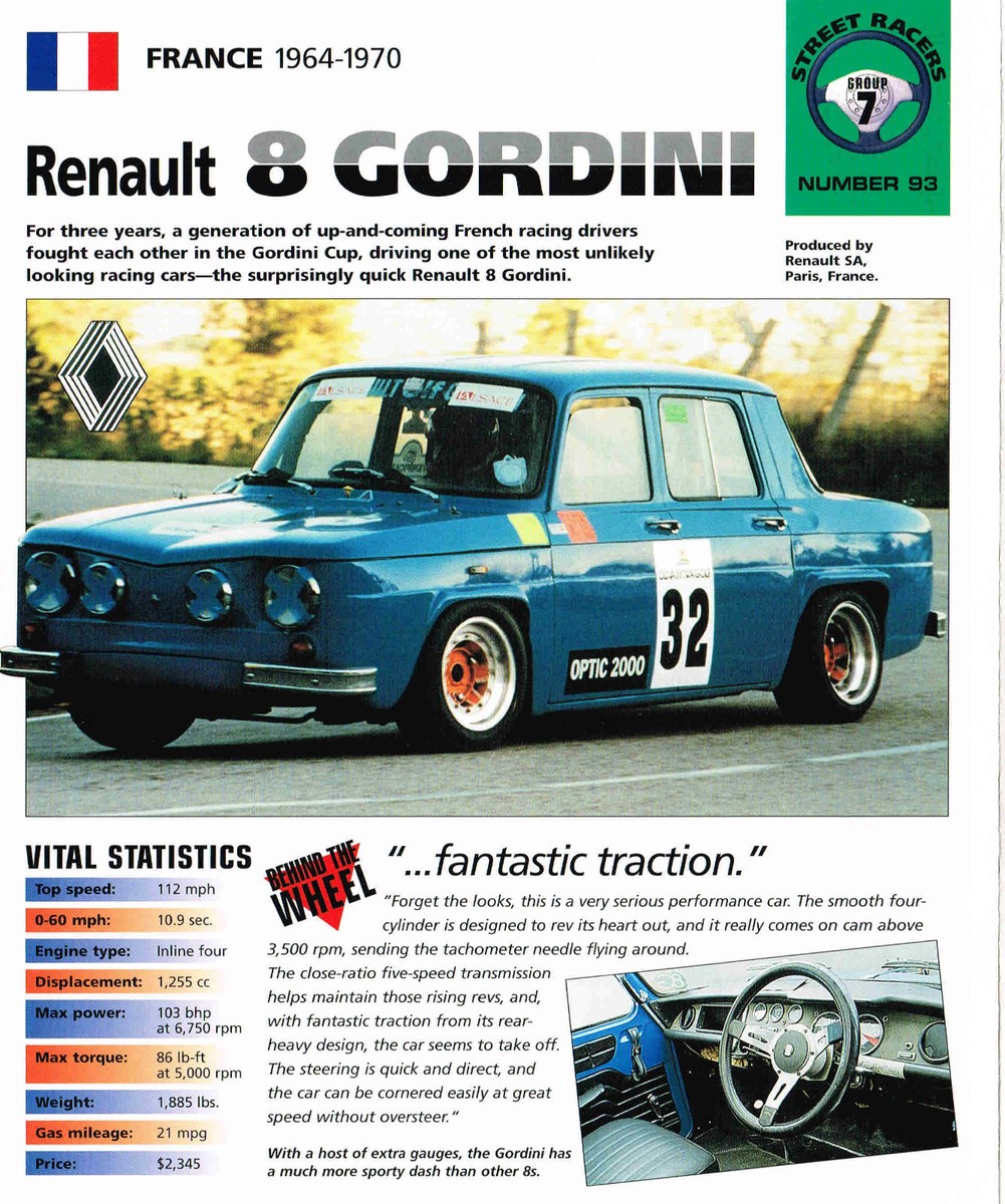 Renault 8 GORDINI SPEC SHEET / Brochure / Prospek: 1967,1968