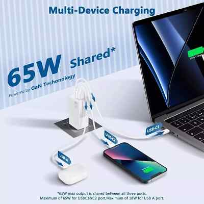 65W USB C 3 Port GaN5 Fast Charging Block Charger for MacBook iPad iPhone Galaxy