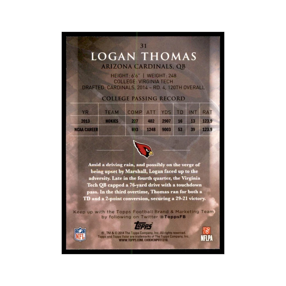 2014 Topps Valor Logan Thomas RC Football Cards #31 - Image 2 of 3