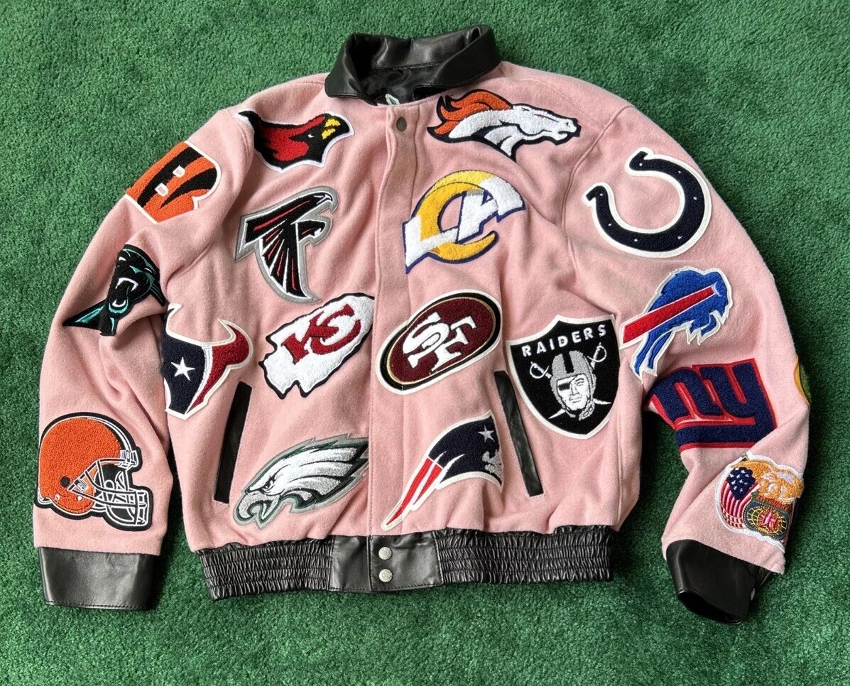 Jeff Hamilton Autograph NFL Collage Wool and Leather Jacket Pink