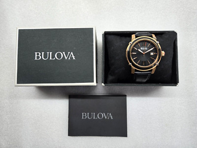 BULOVA BLACK DIAL DATE BLACK LEATHER STRAP MEN'S WATCH 98B161 NEW