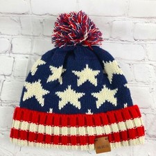 Patriotic Red White Blue American Flag Beanie Pom Pom Hat