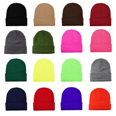 Unisex Plain Warm Knit Beanie Hat Cuff Skull Ski Cap 
