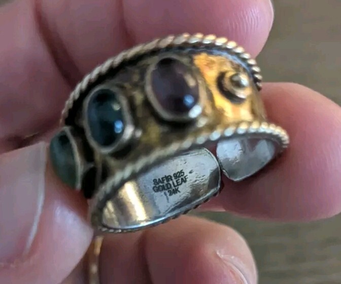 Solid Silver 24ct Gold Leaf Jade Adjustable ring … - image 17